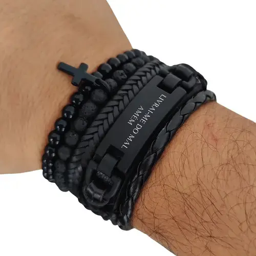 Mix De Pulseiras Masculina Livrai Me Do Mal Amém Preta