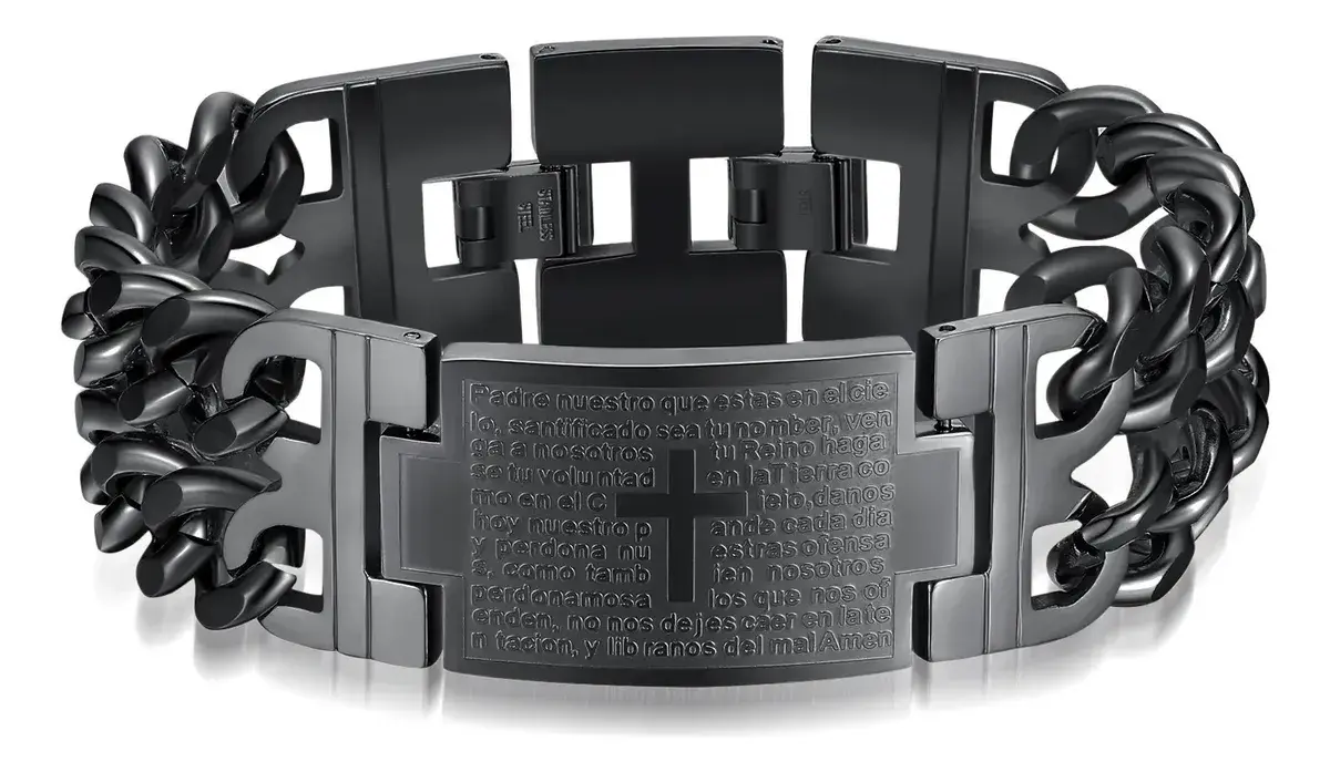 Pulseira Nosso Pai Cruz Dupla Aço Inoxidável Masculino B701