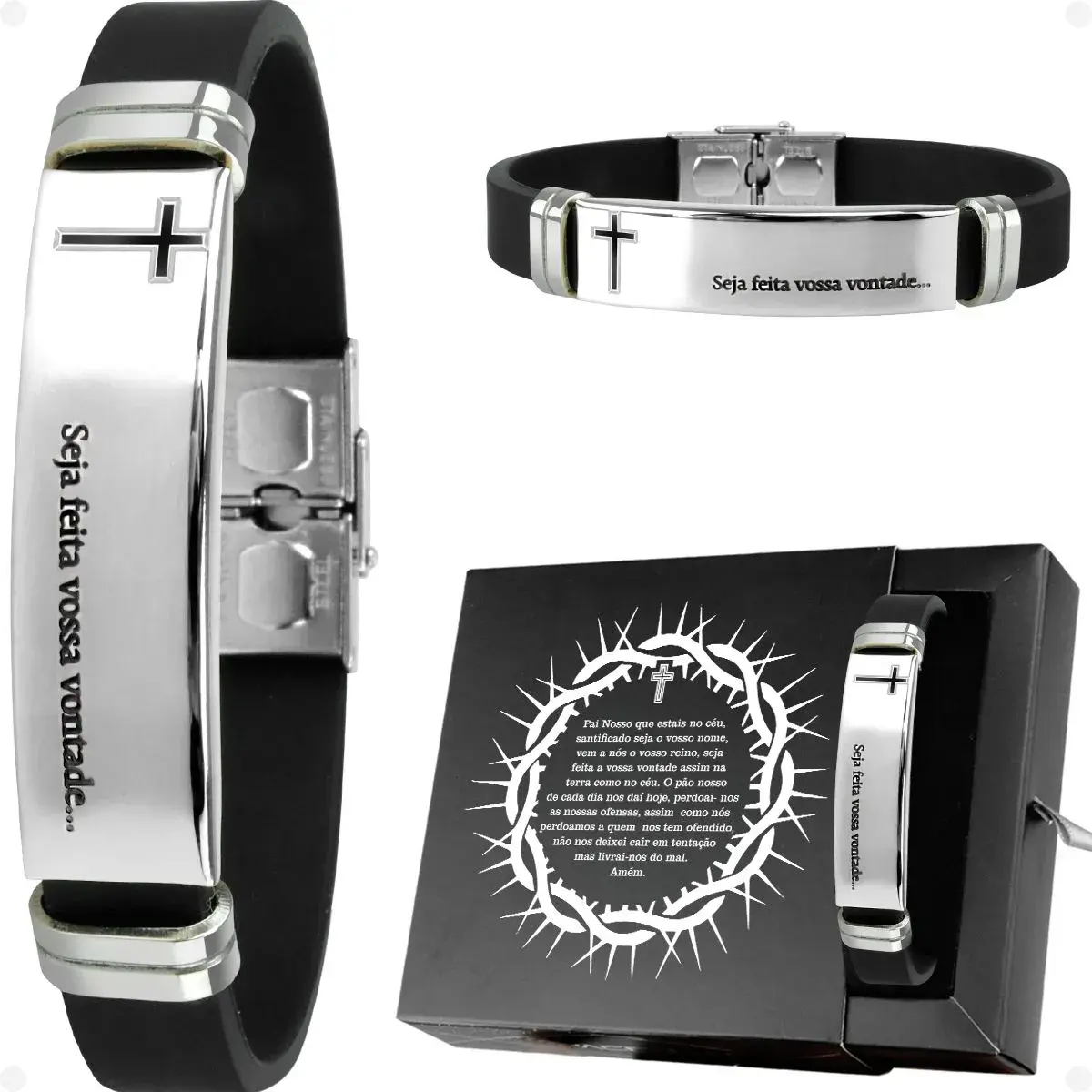 Pulseira Masculina Placa Aço Inox Pai Nosso + Caixa